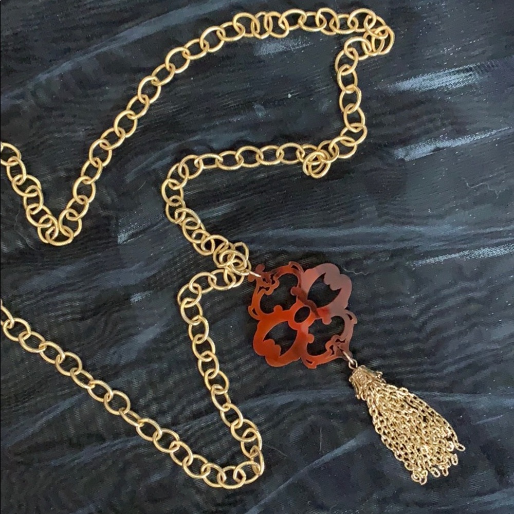 Gold Link Chain Tassel Necklace Faux Tortoiseshell